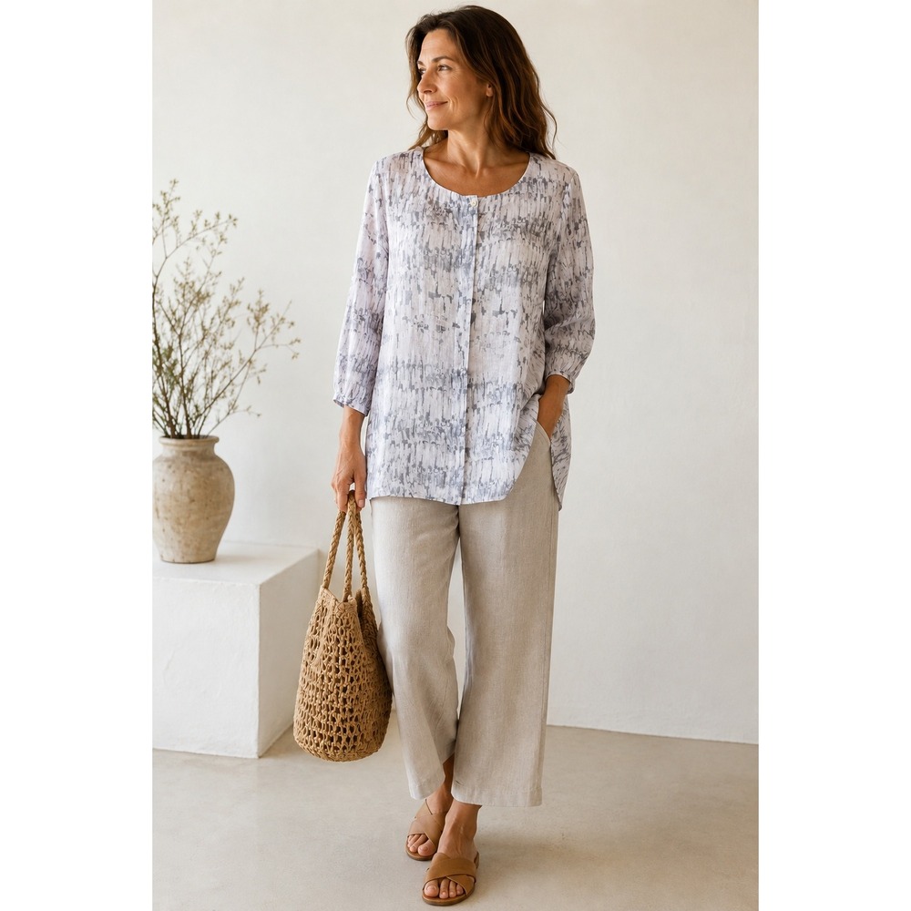 Poetry Linen Gray Abstract Print‎ Tunic Top Sz 14 Minimalist Art To Wear Coastal
